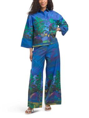 CELINA MOON 2pc Printed Button Down Top And Pants Set